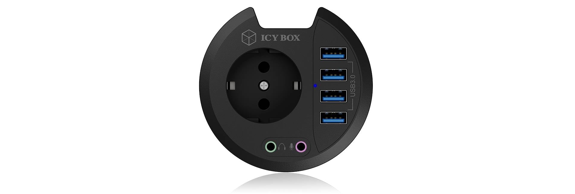 Produžni kabl s okruglom utičnicom i tri USB priključka. Gore je logo 'ICY BOX'. Pogodan je za istovremeno punjenje.