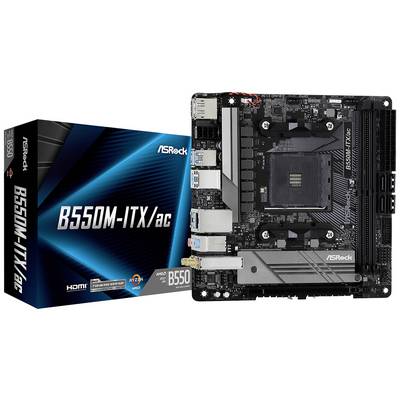 ASRock B550M-ITX/ac matična ploča pokraj svoje ambalaže. Matična ploča prikazuje priključke i komponente za računalnu hardversku opremu.
