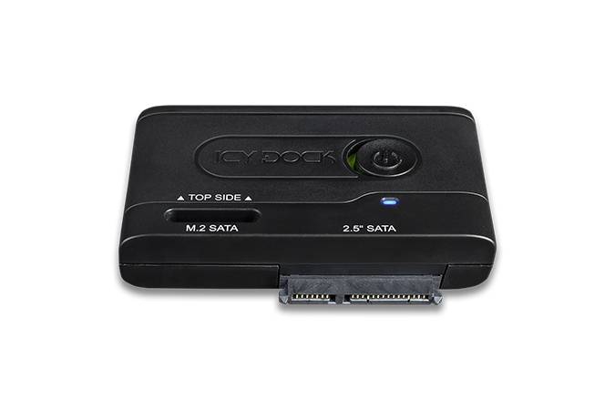 Crni adapter za tvrdi disk s priključcima za M.2 i 2,5-inčni SATA, s okruglim prekidačem za uključivanje/isključivanje na vrhu.
