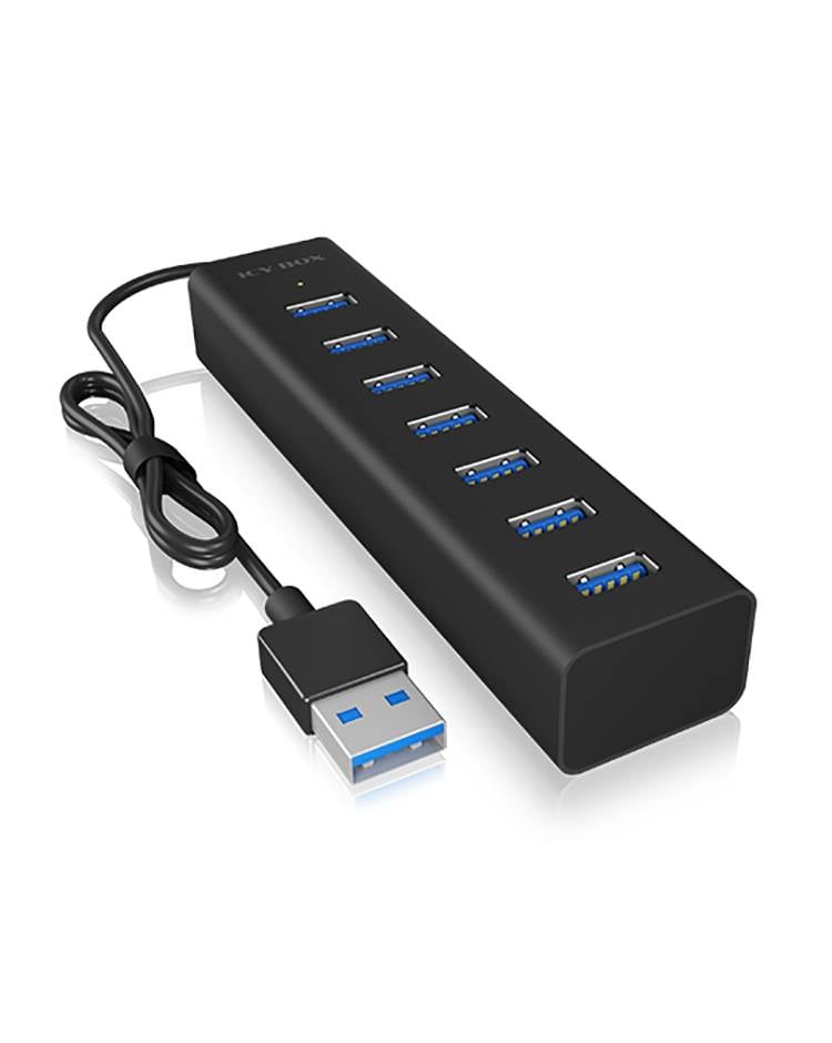 Crni USB hub sa sedam USB 3.0 ulaza i priključenim USB kabelom, pogodan za povezivanje više uređaja s jednim računalom.