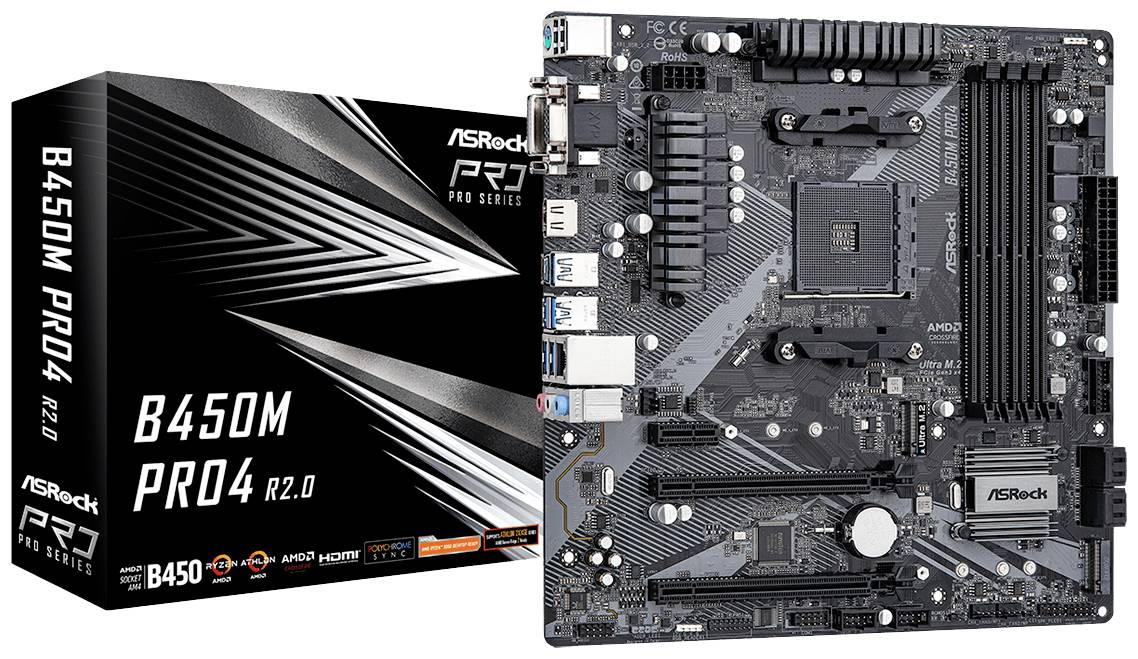 ASRock B450M Pro4 R2.0 matična ploča ispred svoje ambalaže, pogodna za AMD procesore, s više priključaka i utora.