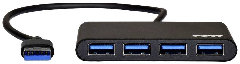 USB-hub s četiri plava USB 3.0 priključka i kratkim kabelom.