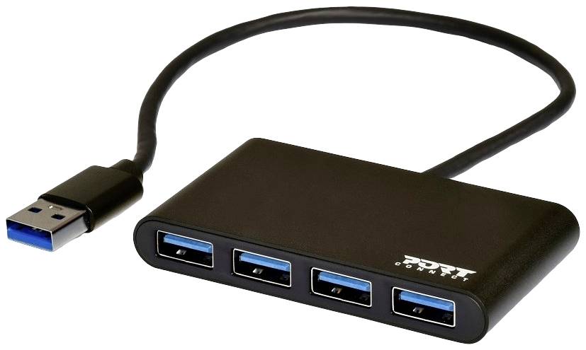 Crni USB hub s četiri priključka i kabelom za spajanje koji se može uključiti u prijenosno računalo ili računalo.