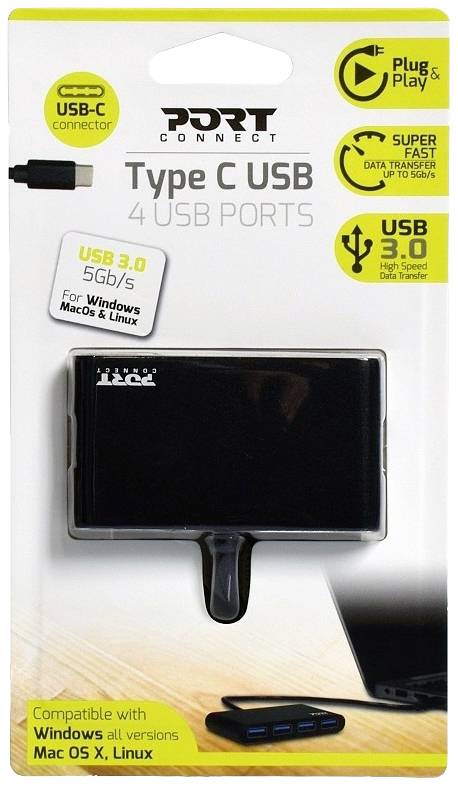 Port Connect Type C USB Hub, sadrži četiri USB porta, kompatibilan s Windows, macOS i Linux operativnim sustavima, brzina prijenosa podataka 5 Gbit/s.