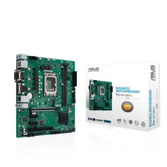 ASUS Pro H610M-C/CSM matična ploča u kutiji, pogodan za poslovne primjene. Zelena ploča sadrži različite priključke i čipove.