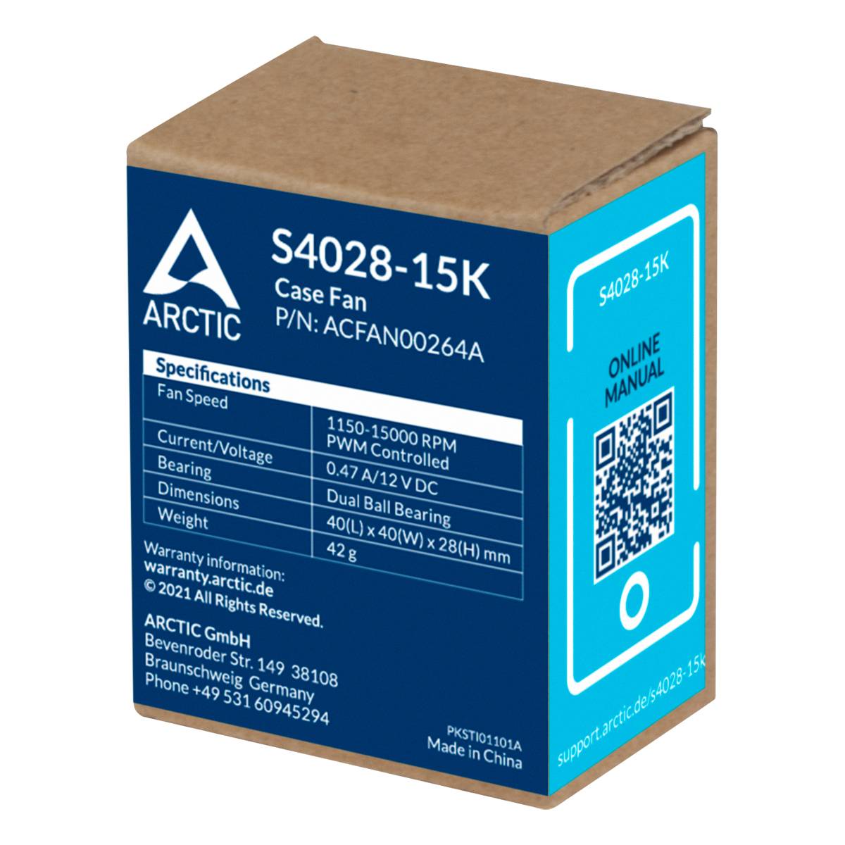Karton ventilatora s natpisom 'ARCTIC S4028-15K'. Tehničke specifikacije i kontakt informacije na pakiranju.