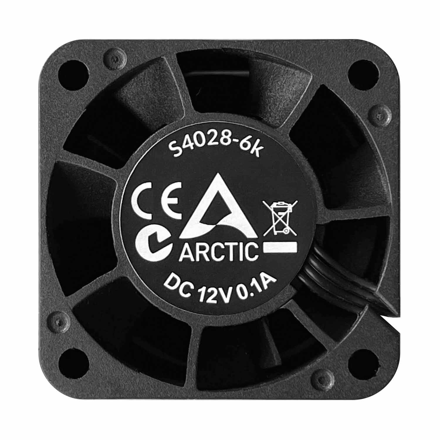 Kvadratni računalni ventilator 'ARCTIC S4028-6K' s CE oznakom. Koristi se za hlađenje elektroničkih uređaja. DC 12V 0.1A.