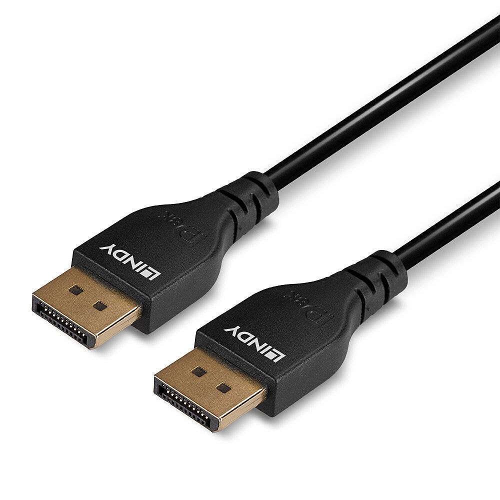 Dva crna DisplayPort kabela sa zlatnim utičnicama na bijeloj pozadini. Prikazani su u paralelnom položaju.