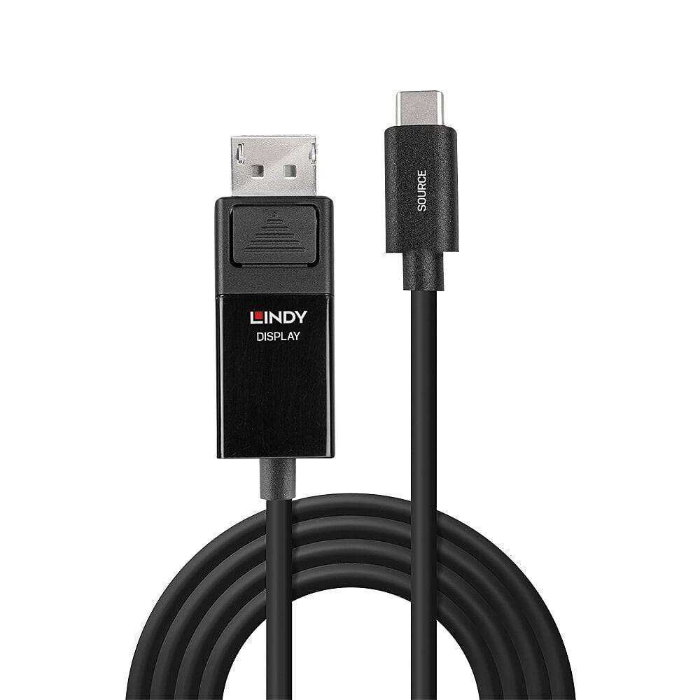 Crni kabel s DisplayPort utikačem na jednoj i USB-C utikačem na drugoj strani. Vidljiv naziv marke 'LINDY'.
