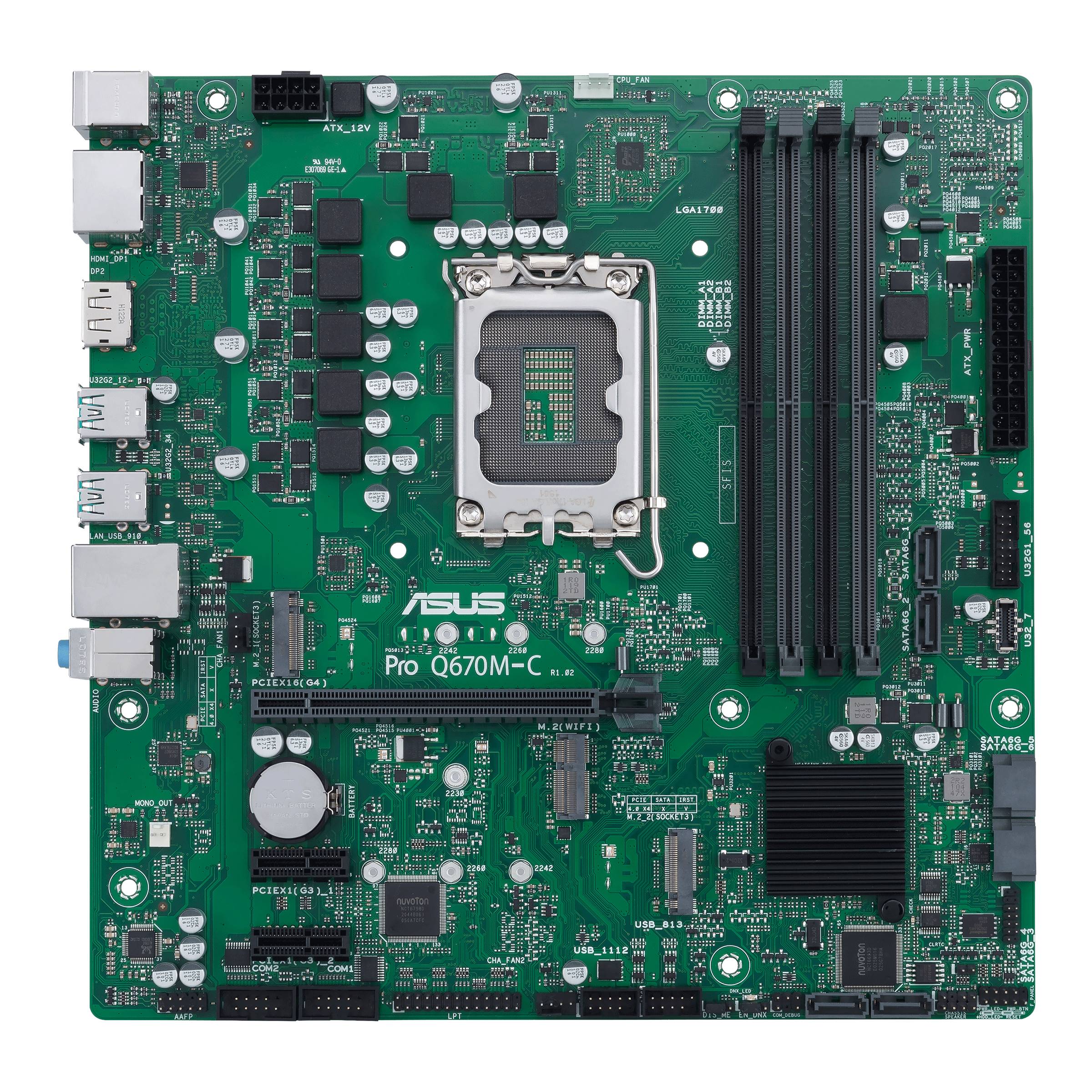 Zelena matična ploča s nekoliko utora, priključaka i elektroničkih komponenti. Marka: ASUS Pro Q670M-C.