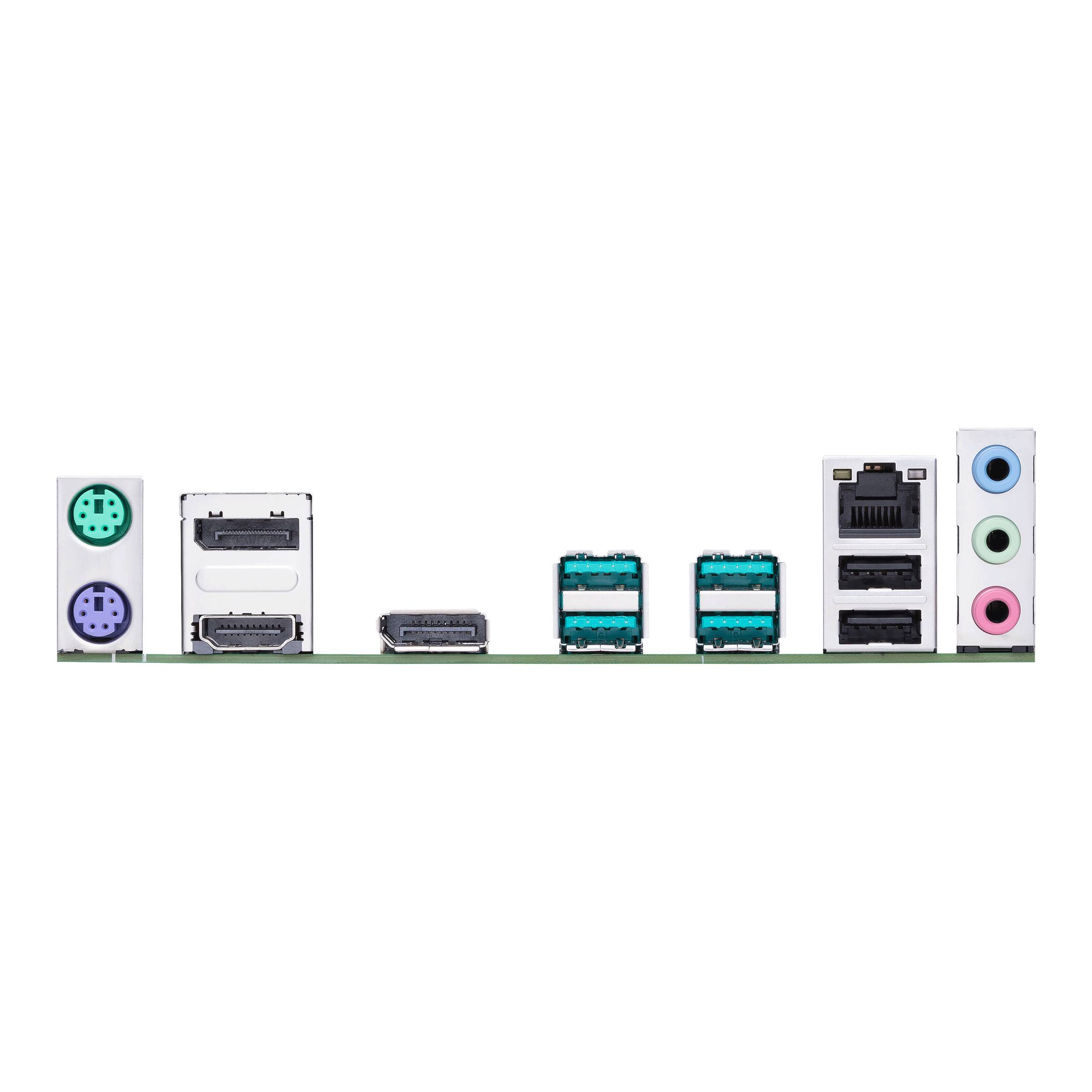 Stražnja strana računalnog matičnog boards-a s različitim priključcima, uključujući PS/2, HDMI, USB, Ethernet i Audio.