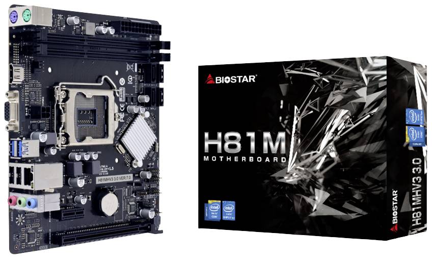 Matična ploča marke Biostar modela H81M-V3.0, prikazana pored odgovarajuće ambalaže.