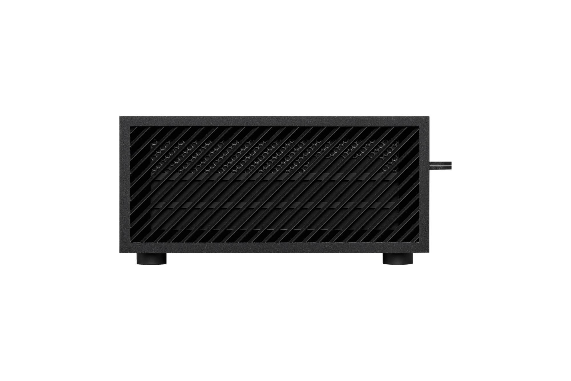 Crni, pravokutni električni uređaj s ventilacijskim otvorima i kabelom s jedne strane.