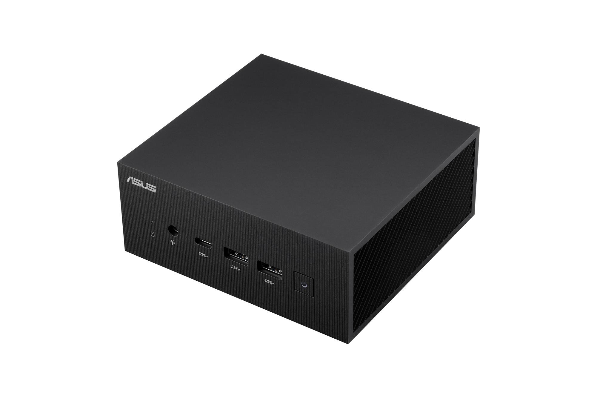 Kompaktan crni mini-PC s logom 'ASUS' na prednjoj strani, nekoliko USB priključaka i mrežnim prekidačem.