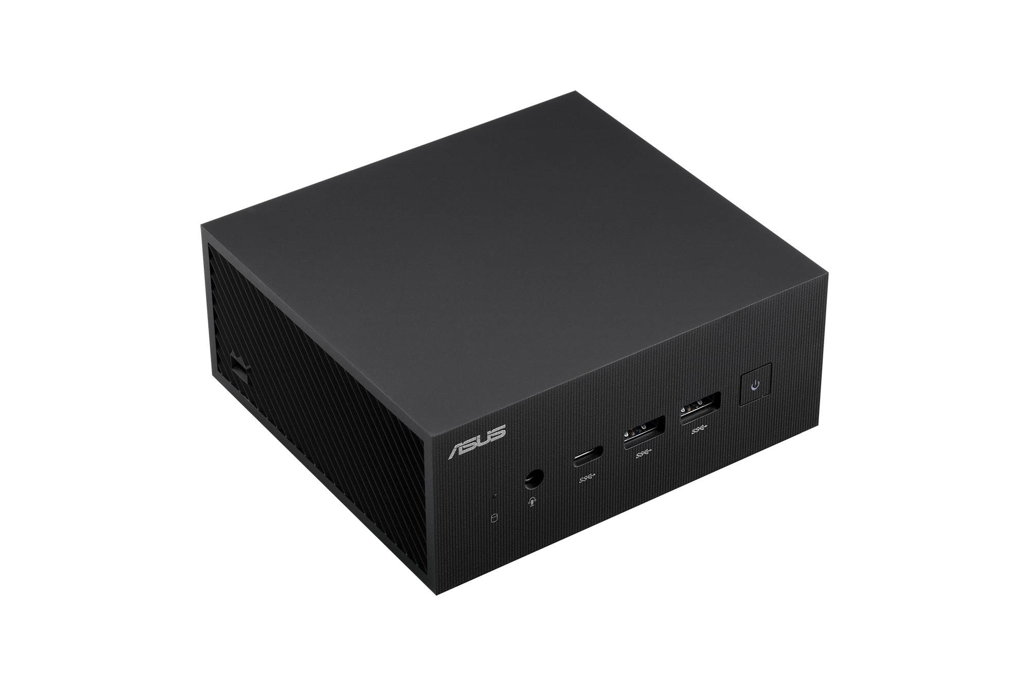 Crni mini-PC s priključcima na prednjoj strani. Logo marke vidljiv na prednjoj plohi.