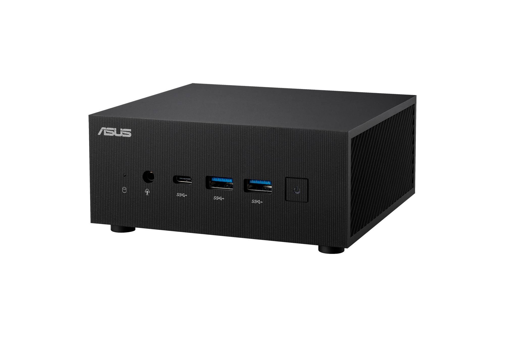 Crni mini-PC s ASUS logotipom, sprijeda nekoliko USB priključaka i mrežni prekidač. Pogodan za kompaktne računalne primjene.
