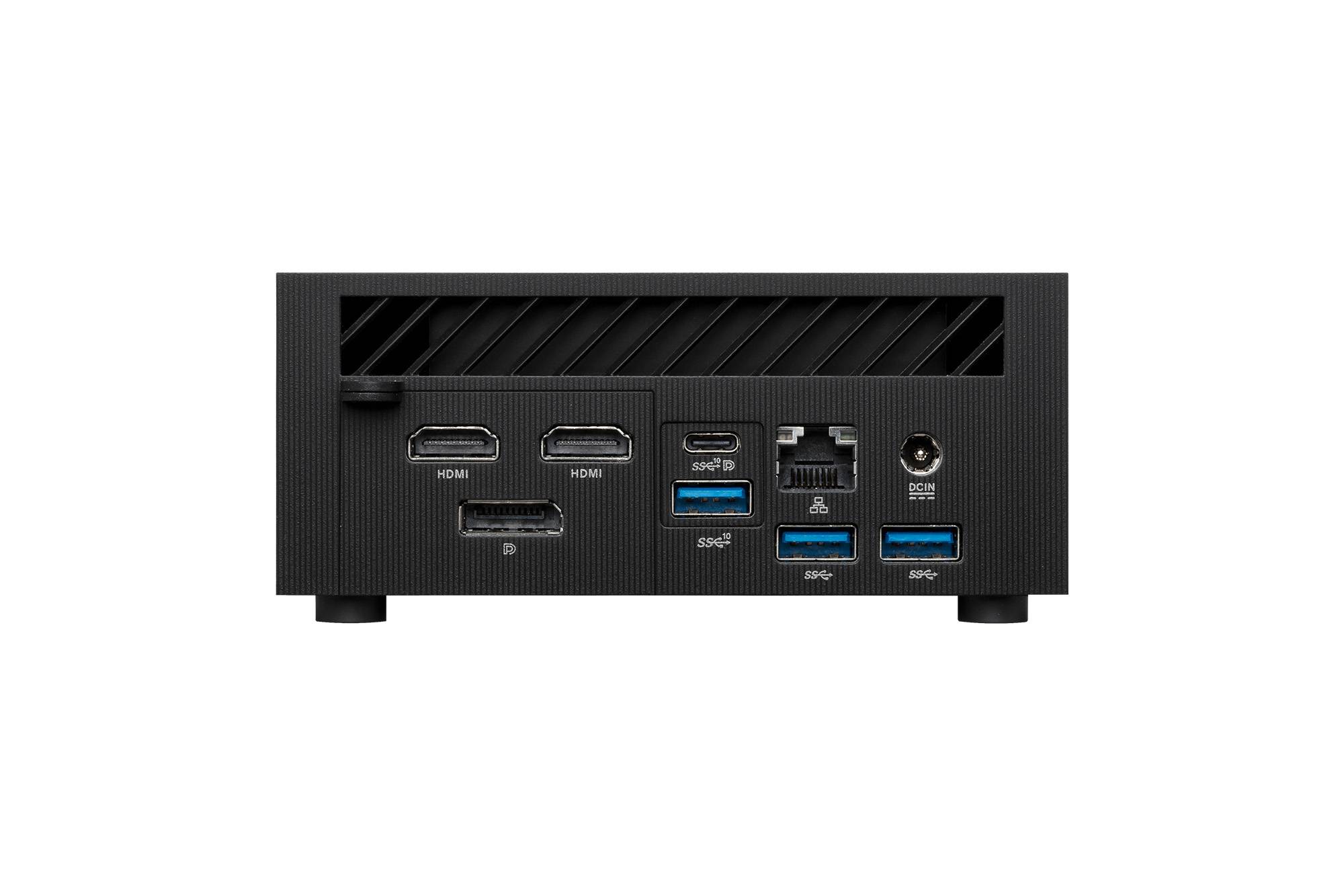 Crni elektronički uređaj prikazuje stražnju stranu s nekoliko priključaka: dva HDMI-a, Ethernet, USB i priključak za napajanje.