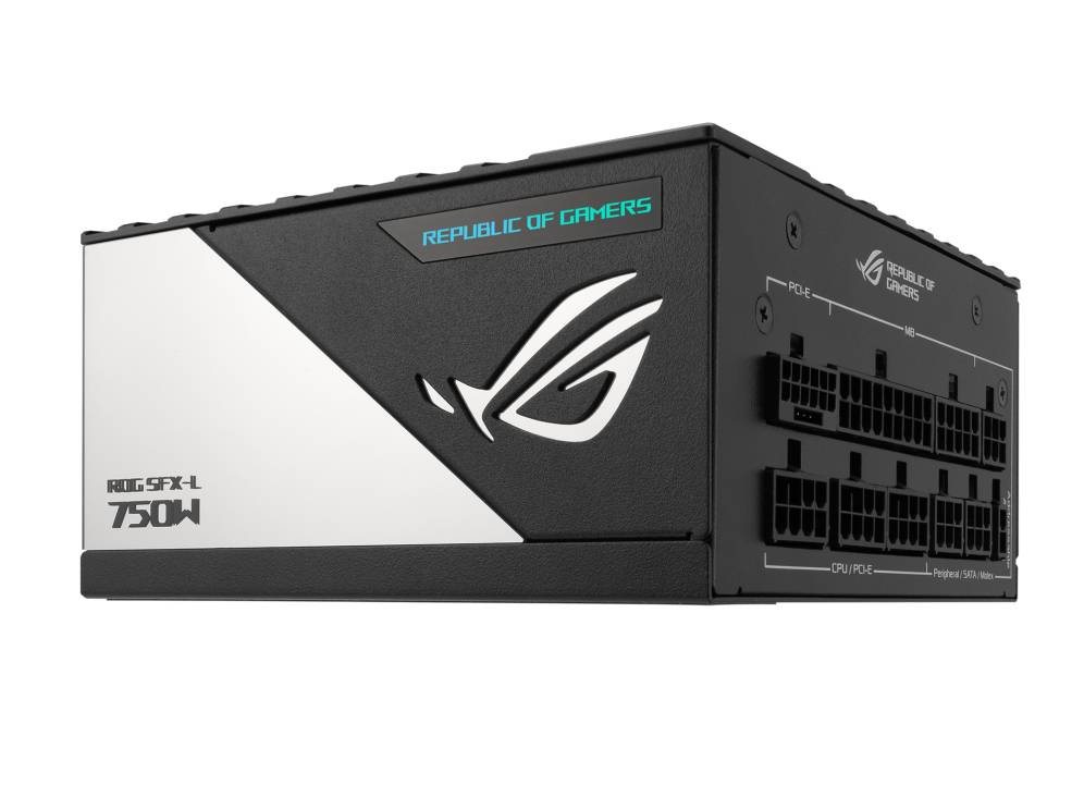 Crno napajanje marke 'ROG SFX-L 750W' s logom i natpisom 'Republic of Gamers', vidljive su multiple priključne mogućnosti.