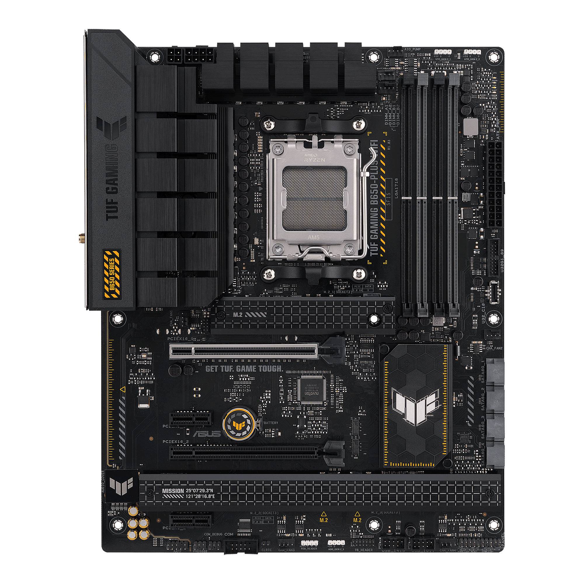 Slika prikazuje površinu ASUS TUF Gaming matične ploče s CPU utičnicom, utorima za RAM i proširnim utorima.