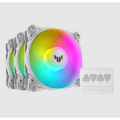 Tri bijela LED ventilatora s efektom duge. Desno pored njih upravljačka ploča s četiri tipke: 'Modovi', 'Osvjetljenje', 'Brzina', 'Isključeno'.