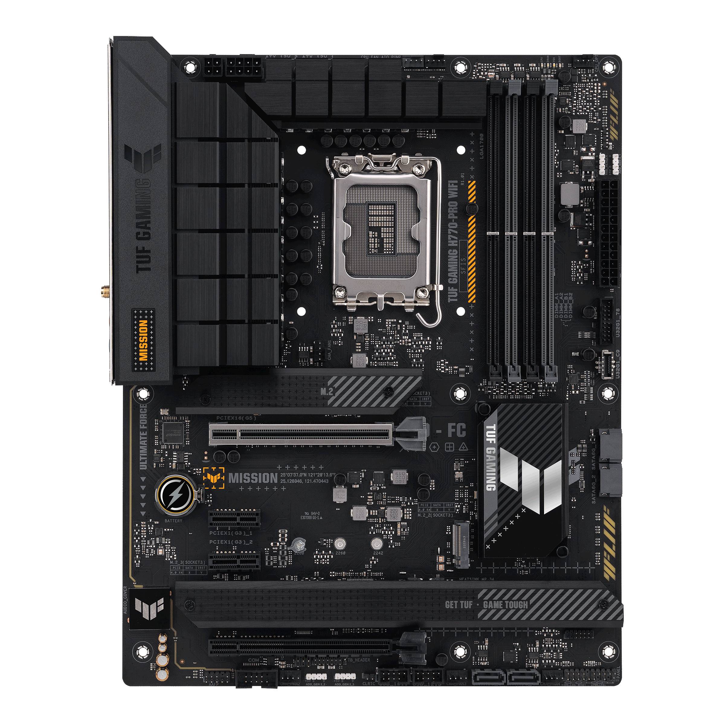 Matična ploča ASUS-a: TUF Gaming s konektorom, utorima za RAM, PCIe utorima i komponentama za hlađenje. Pogodan za gaming računala.