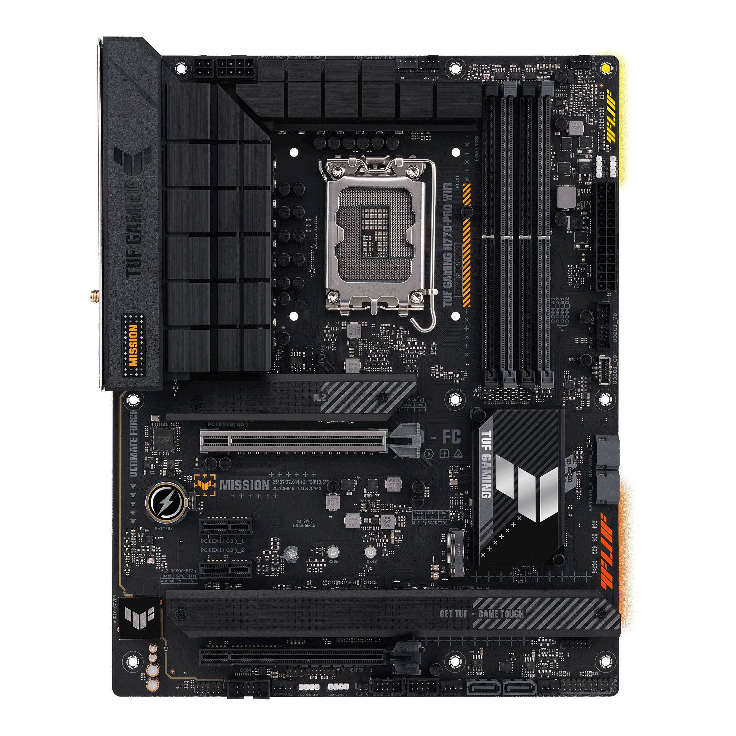 Crna matična ploča za PC s nekoliko utora i komponenata. Radi se o modelu za gaming računala s robusnim dizajnom.