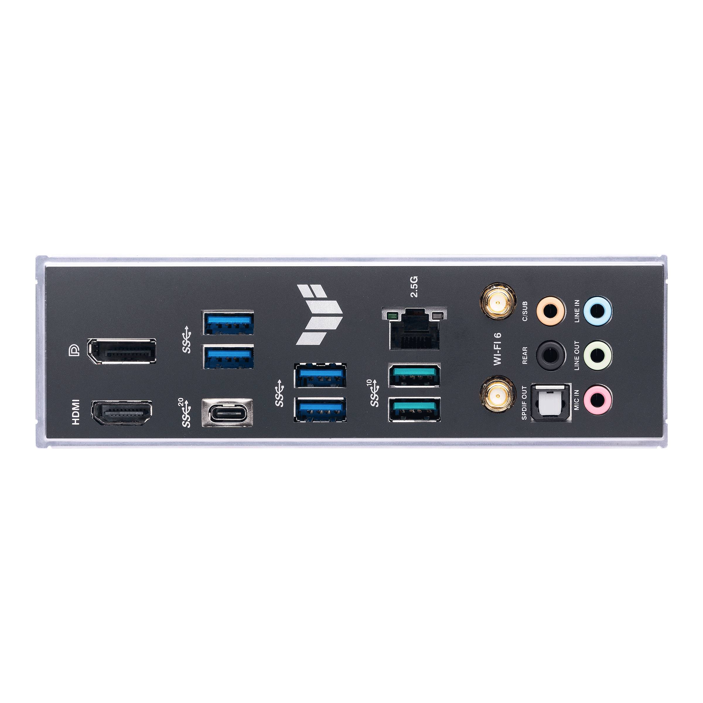 Dijagram stražnje strane računalnog matičnog boards s HDMI-, USB-, Ethernet- i audio priključcima.