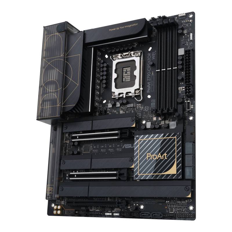 Crno računalno matično računalo sa zlatnim akcentima. Gore u sredini nalazi se CPU utičnica. Desno piše 'ProArt Z790-CREATOR WIFI'.