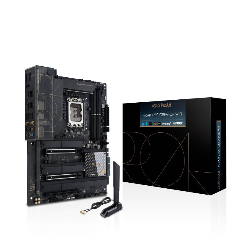 ASUS ProArt Z790 Creator WiFi matična ploča pored ambalaže, prikazuje priključke i napredni ventilatorski način rada; pogodan za kreativne profesionalce.