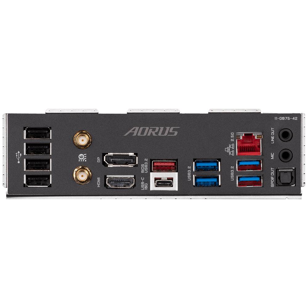 Priključci na stražnjoj strani matične ploče računala. Sadrži nekoliko USB priključaka, HDMI, DisplayPort, Ethernet, audio priključke i priključke za Wi-Fi antene.
