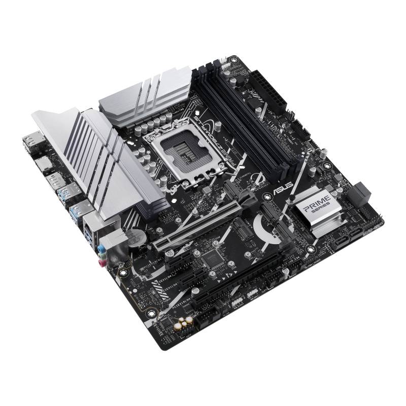 Matična ploča s CPU priključkom, utorima za memoriju i hladnjacima. Priključci vidljivi s lijeve strane. Natpis modela: 'ASUS PRIME'.