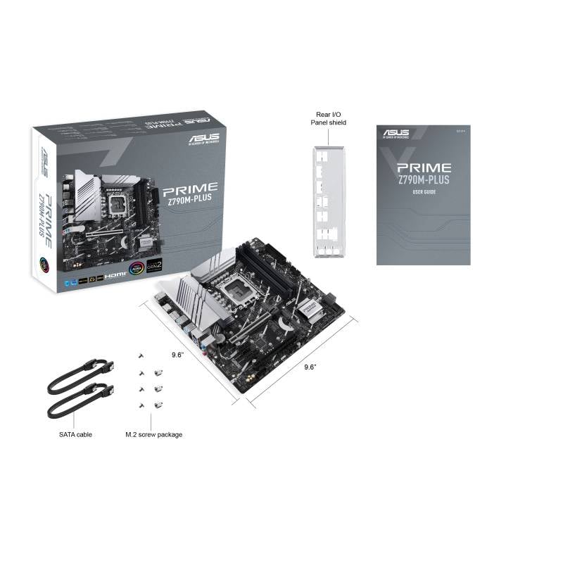 Asus PRIME Z790M-PLUS matična ploča s priborom: stražnja I/O ploča, SATA kabeli, M.2 komplet vijaka. Dimenzije su navedene.