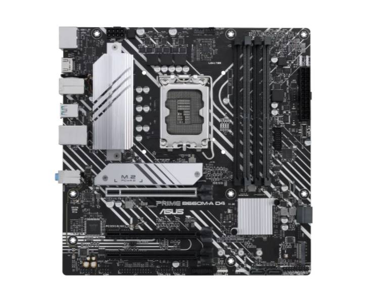 Matična ploča s različitim priključcima i utorima, uključujući CPU socket, četiri RAM utora, PCIe utor i USB priključke.