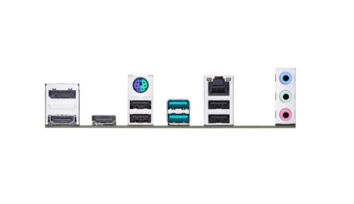 Stražnja strana računalnog matičnogoarda s različitim priključcima: HDMI, USB, PS/2, Ethernet i audio utičnice u bojama.