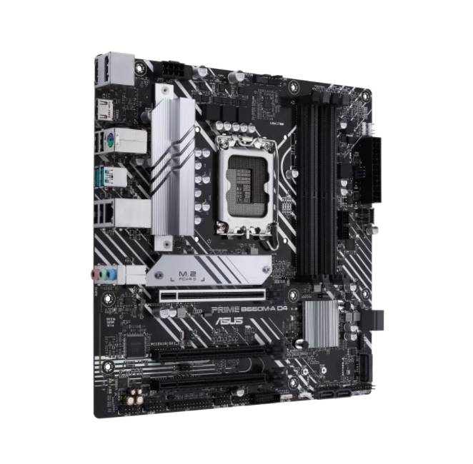 Asus PRIME B550M-A matična ploča prikazuje mikro-ATX ploču s PCIe utorima, RAM utorima i priključcima za periferne uređaje.