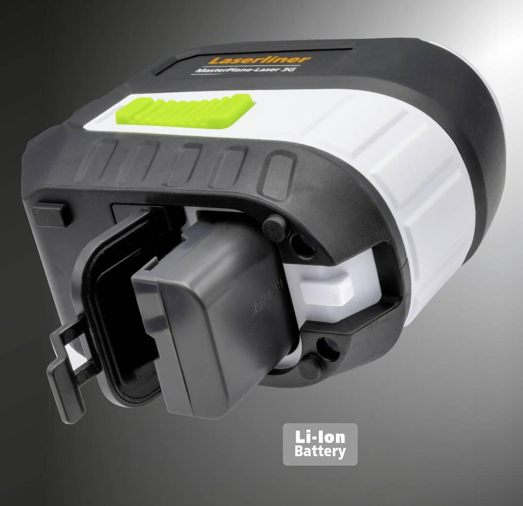 Laserski uređaj s uklonjivom litij-ionskom baterijom. Površina uređaja prikazuje marku 'Laserliner', model 'MasterCross-Laser 2G'.