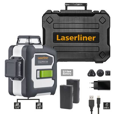Kompaktni laser s 360°-linijskom projekcijom, uključujući Li-Ion baterije, USB-C punjač i plastični kofer.