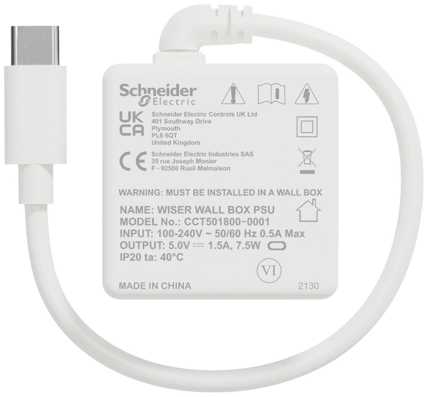 'Schneider Electric Wiser Wall Box PSU', Model broj CCT501800-0001, Ulaz 100-240V, Izlaz 5V. Sa sigurnosnim i certifikacijskim logotipima.