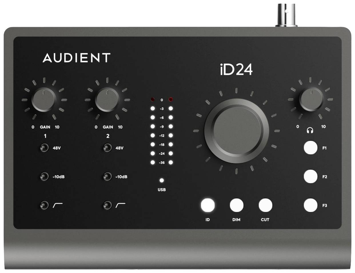 Audio sučelje s više kontrolnih gumbi i tipki, uključujući dva okretna regulatora za gain, USB indikatorsku traku i funkcijske tipke.