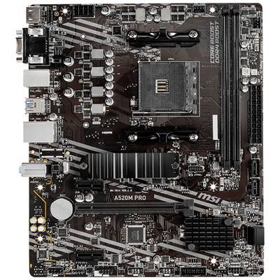 MSI A520M PRO matična ploča s različitim priključcima i komponentama poput utora za RAM i podnožja za CPU.