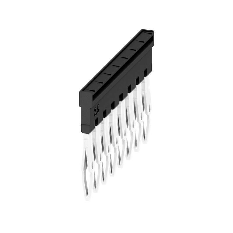 Crni, pravokutni priključni konektor s metalnim pinovima; pogodan za elektroničke spojeve na pločicama.