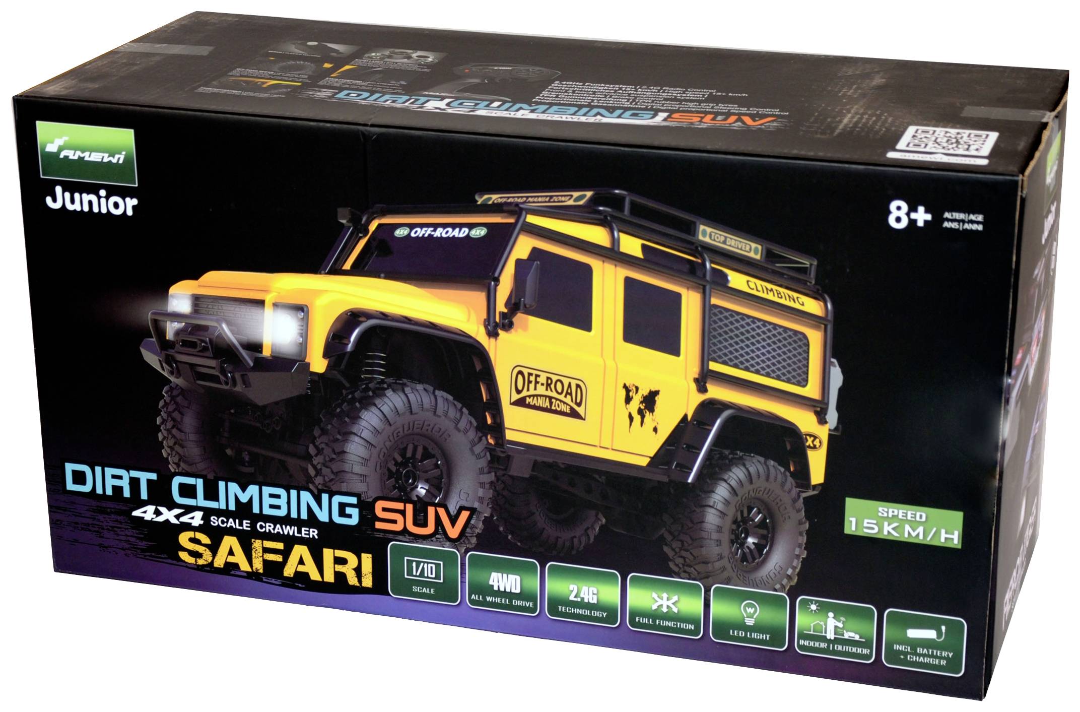 Igračka automobil u šarenoj ambalaži s natpisom 'Dirt Climbing SUV Safari', pogodan za djecu od 8 godina, brzina 15 km/h.