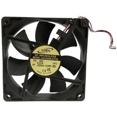 Crni računalni ventilator s 7 lopatica. Na etiketi piše 'ADDA', model broj AQ1224XB-A71GL, 24V, 0,37A.