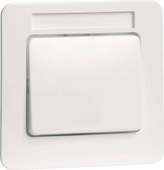 Bijeli svjetlosni prekidač na zidu. Prekidač je pravokutan sa zaobljenim uglovima i glatkom površinom.