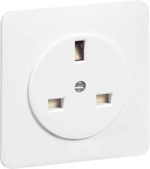Bijeli električni utičnica umetak s tri pravokutne rupe, tipičan za britanski standard.
