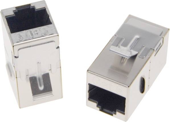 Dva metalna RJ45 keystone modula, pogodni za mrežne povezivosti, prikazani perspektivno odozgo i sa strane.