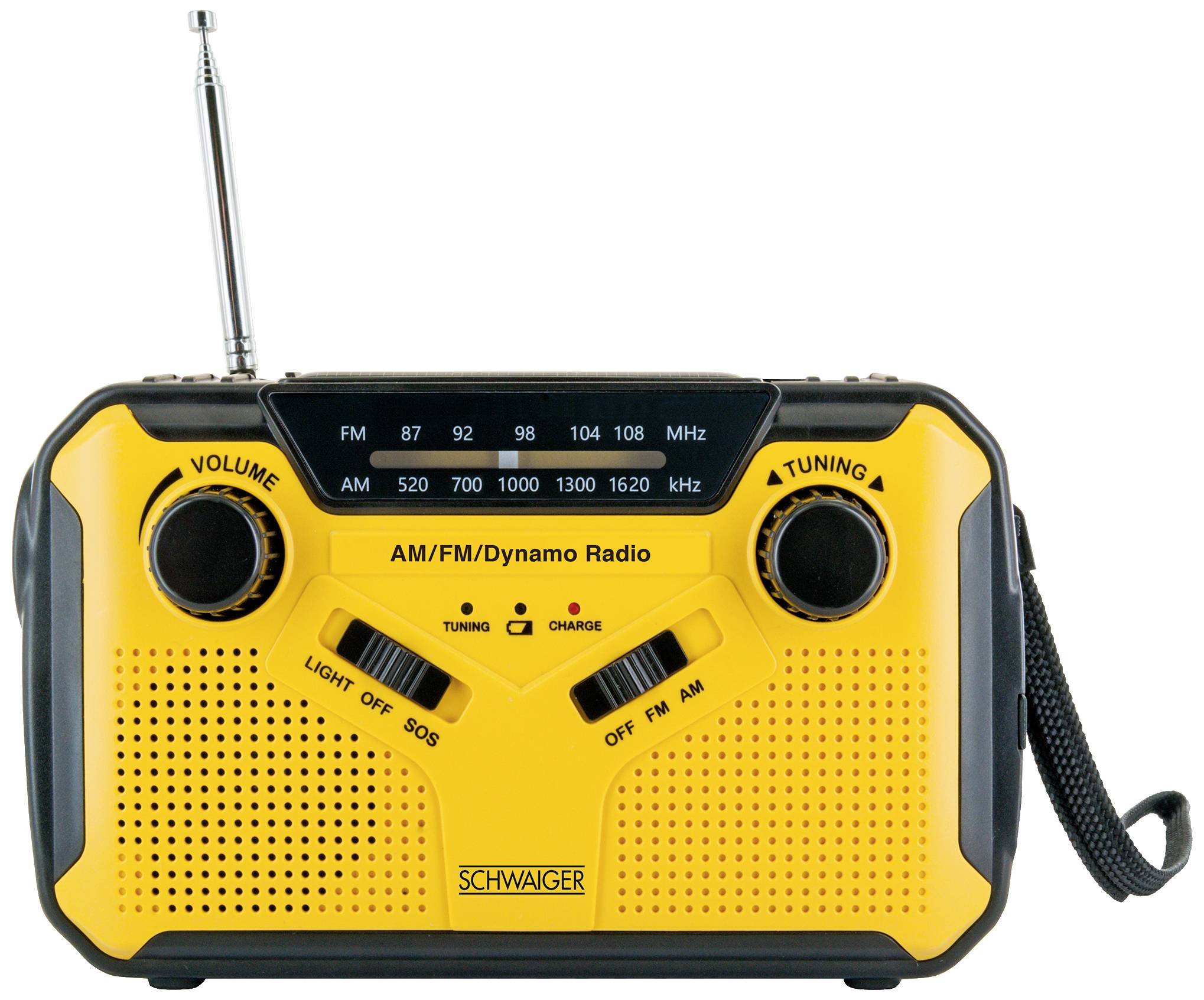 Prijenosni žuti radio s AM/FM frekvencijama, kontrolama za glasnoću i ugađanje. S dinamom za punjenje i ugrađenom antenom.