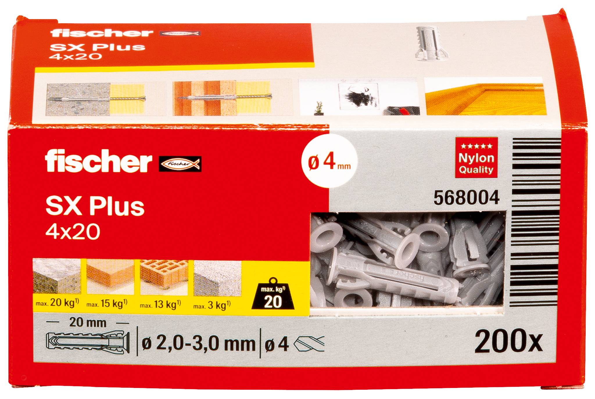 Pakiranja Fischer SX Plus 4x20 kompleta tipli s 200 komada. Sadržava informacije o veličini, primjeni i uputama za montažu.