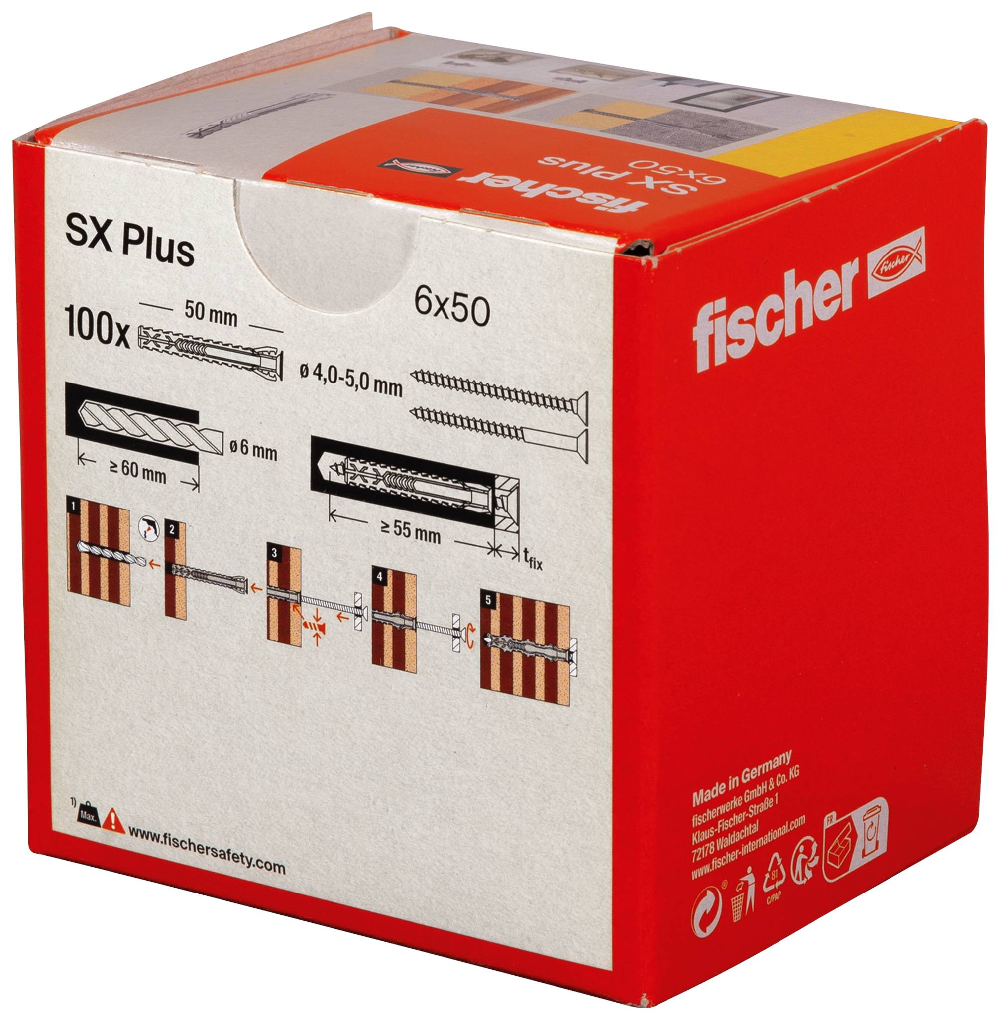 Crvena kutija sa sivim tipslovima marke 'Fischer'. Natpis: 'SX Plus 6x50', pogodan za 50-130 kg. Sadržaj: 100 komada.