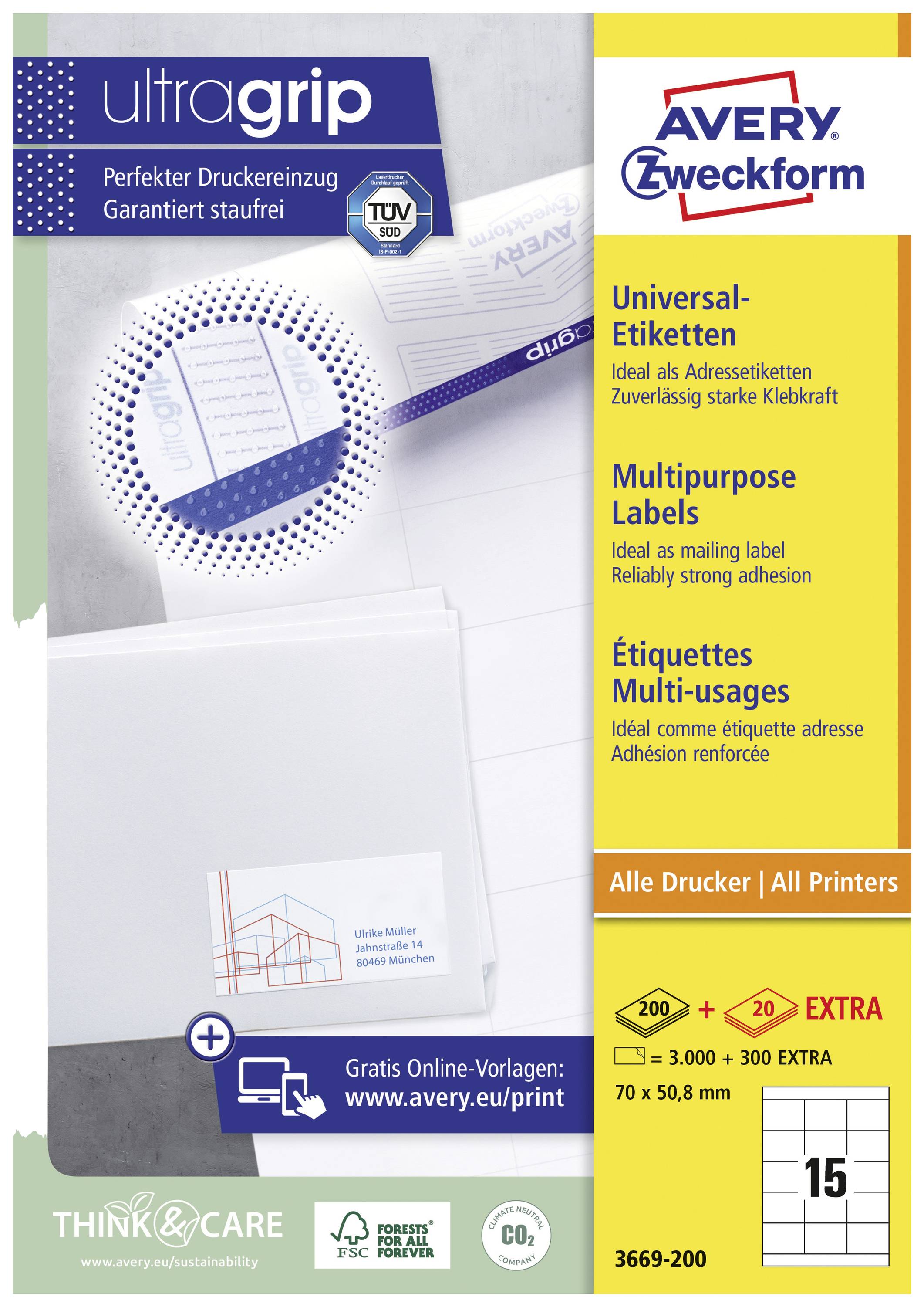 'UltraGrip Universal naljepnice od Avery Zweckform, za sve tiskače. Veličina: 70 x 50,8 mm. Sadržava 15 listova po pakiranju, TÜV certificirano.'